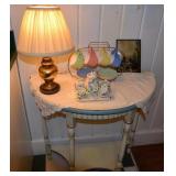 Wall table with turned posts, lamp, miniature tea