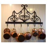 6 copper pots & rack.