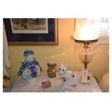 Lamp, porcelain flowers, porcelain cat, pill box,