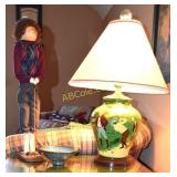 Golf lamp, stuffed figurine and candy dish.