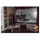 Framed Dale Earnhardt picture, 2 toy cars,