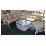 Outdoor love seat, table with glass top & seat.