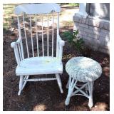 Wooden rocking chair & wicker type stool.