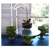 2 pots w/ matching glass top table, silk orchid