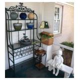 3 lanterns, 2 pots, fountain, wicker plant stand,