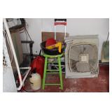 Gas can, attic fan, step stool, oil pan, caulk