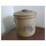 Blue decorated stoneware crock 7" hi, lid as is