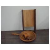 Wood cutting board, nut cracker, bowl