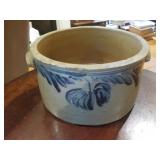 Stoneware blue decorated crock chips 8x4
