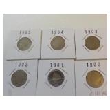 6 Liberty head nickels 1900,01,02,03,04,05 Ea