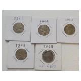 5 Nickels 1939,40,40D,40S,41 All
