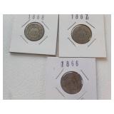 3 Shield Nickels 1866,67,68 Ea Each x 3