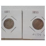 2 Seated Liberty Dimes 1853, 1891 Ea Each x 2