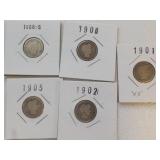 5 Barbar dimes 1901,02,05,06,06S EA Each x 5