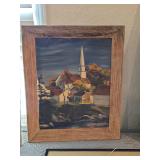 Framed Autumn Church Landscape Painting by C. Boug