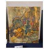 Textured Still Life Painting with Bottle and Fruit