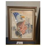 Patriotic Framed Print w/ Bald Eagle, Flag, towers