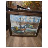 Framed LENAWAY 1978 Fishing Boat Seascape Drawing