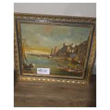 Framed Ornate Harbor Scene Painting with Boats