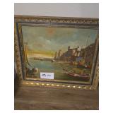 Framed Ornate Gilt Harbor Scene Painting with Boat