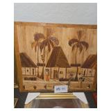 Tropical Village Scene Natural Fiber / Wood Inlay