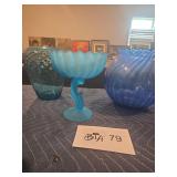 Vintage Indiana Glass blue satin lotus blossom +2
