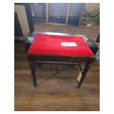 Red Upholstered Wooden Stool with Dark Worn Finish