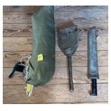 Military Tent, Shovel, and Hatchet