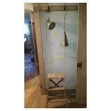 Metal Shop Light, Wind Chime Bell, and Wooden Step