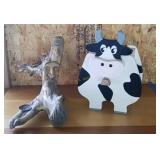 Hand Carved Tree Branch and Wooden Cow Basket
