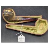 Gold-Banded Indian Head Tobacco Pipe with Case