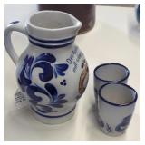 Stoneware Pitcher and Two Cups with Blue Motif