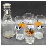 Jewell Etched Milk Bottle and Goshen Dairy Glasses