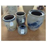Four Stoneware Pottery Pieces with Blue Decoration