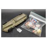 Cast Metal Car and Bag of Baby Rattles
