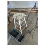Rustic Stool, Metal Stand, and Wooden Box