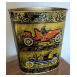 Metal Wastebasket with Vintage Car Motifs