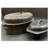 Two Black Enamel Roasting Pans