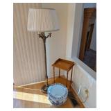 Brass Floor Lamp, Wooden Side Table, and Pot