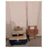 Fishing Gear Lot With Tackle Boxes, Poles, and Coo