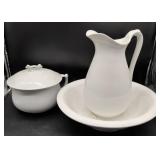 White Ceramic Pitcher, Basin, and Covered Bowl Set