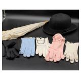 Wool Bowler Hat, Parasol, and Gloves Set
