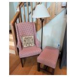 Wingback Armchair, Ottoman, Pillow, and Floor Lamp