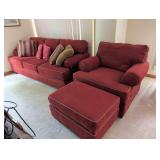 Red Upholstered Sofa, Armchair, and Ottoman Set