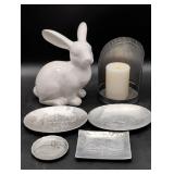 Pewter Trays, Ceramic Rabbit, and Candle Holder