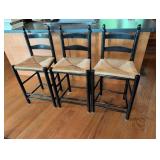 Three Black Bar-Height Chairs with Rush Seats