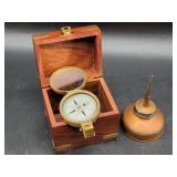 Brass Compass in Wood Box and Metal Oil Can