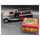 Tonka Toys Pressed Steel Fire Truck and Crayon Tin