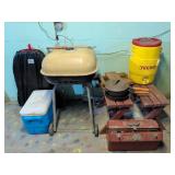 Outdoor BBQ Grill, Coolers, and Tackle Box
