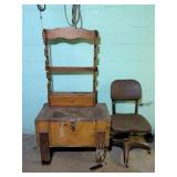 Wood Shelf, Painted Trunk, and Chair Lot